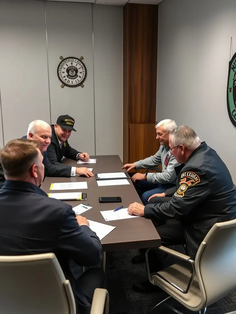 MOTO CLUB DE CORNUS representatives meeting with local authorities to discuss motorcycle-related issues, demonstrating the club's advocacy for its members' interests.