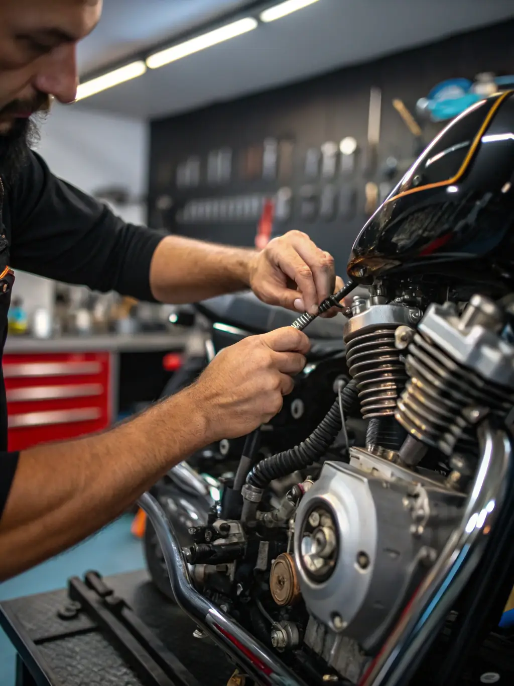 A MOTO CLUB DE CORNUS member assisting another member with motorcycle maintenance in a garage, showcasing the knowledge sharing and mutual support within the club.