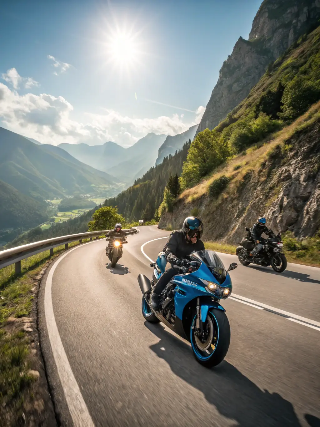 A scenic shot of MCC members riding their motorcycles through the winding roads of the Cornus region, showcasing the beauty of the local landscape.