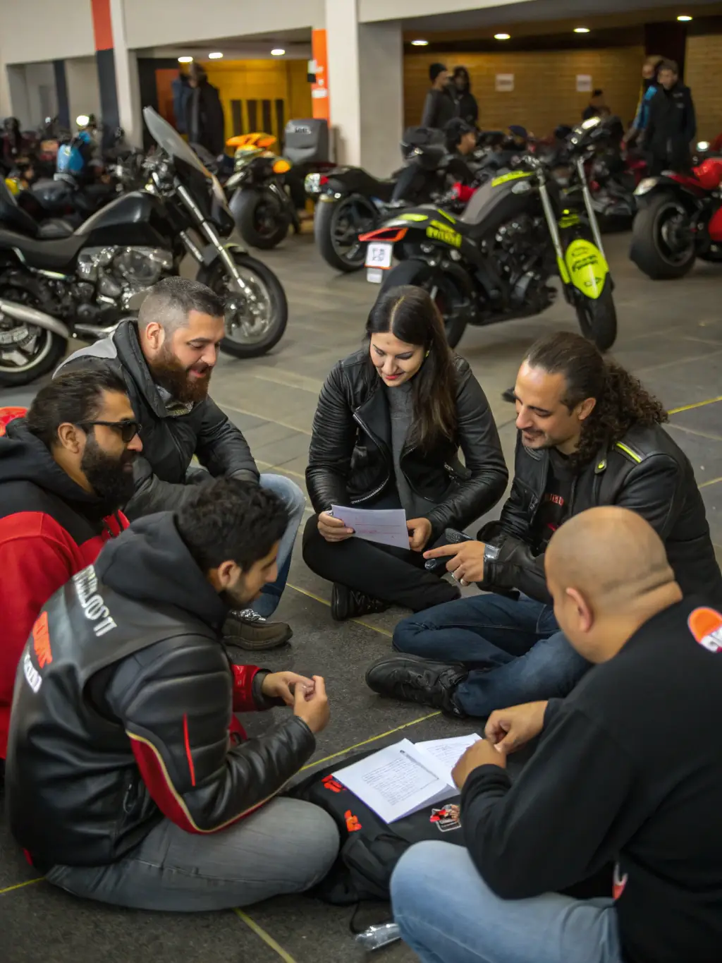 MOTO CLUB DE CORNUS members socializing at a club meeting, sharing stories, planning events, and building camaraderie.