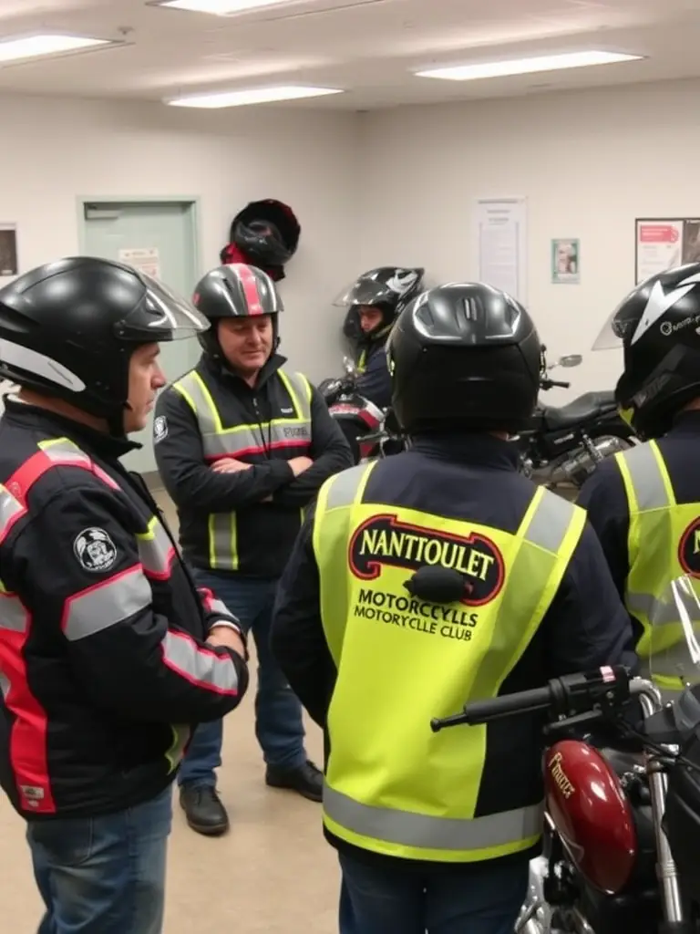A group of MCC members participating in a motorcycle safety workshop, focusing on advanced riding techniques and hazard awareness, held in a well-lit garage setting.