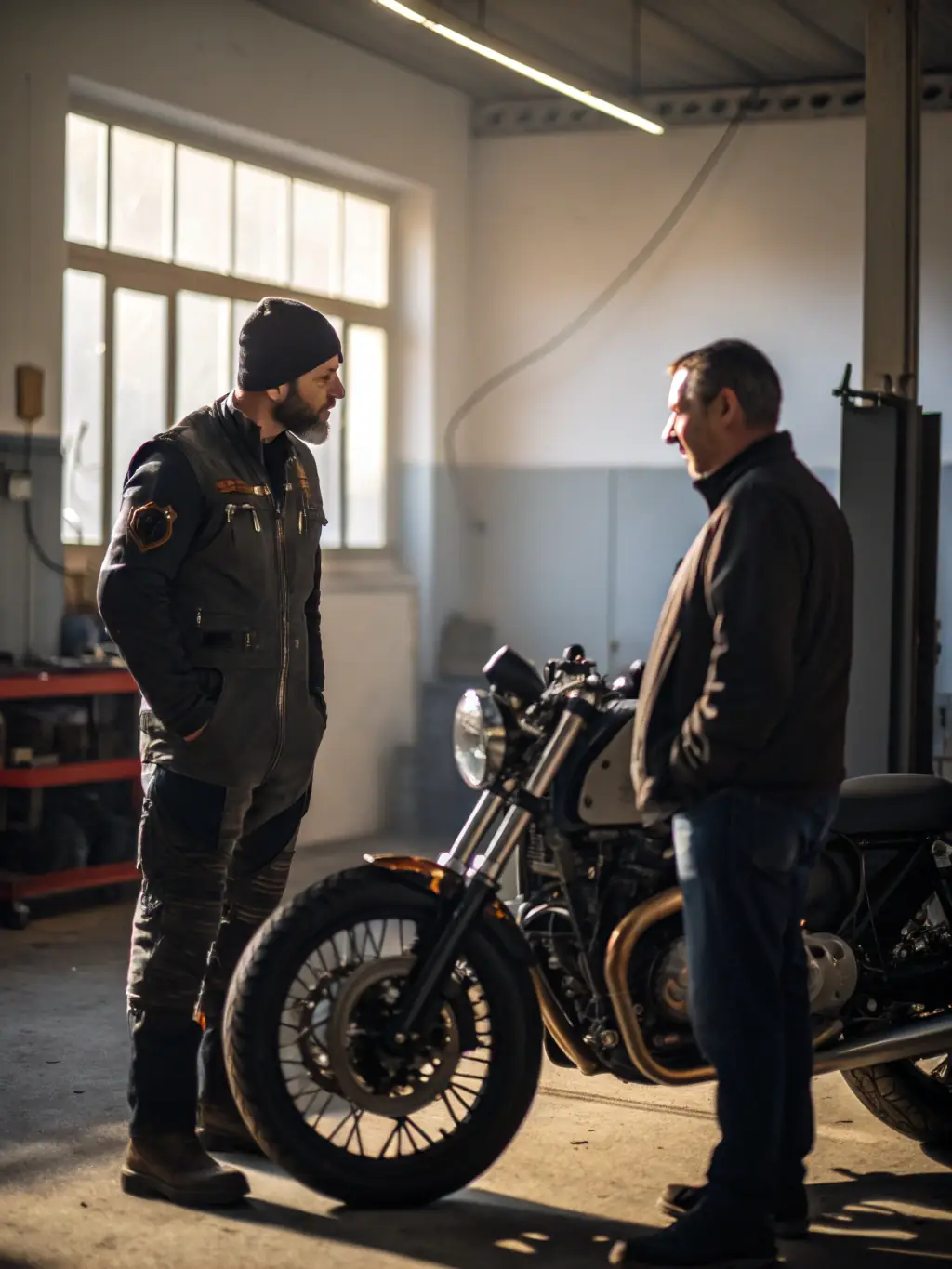 A photo of MCC members gathered at a motorcycle maintenance clinic, learning about basic repairs and upkeep from a seasoned mechanic.