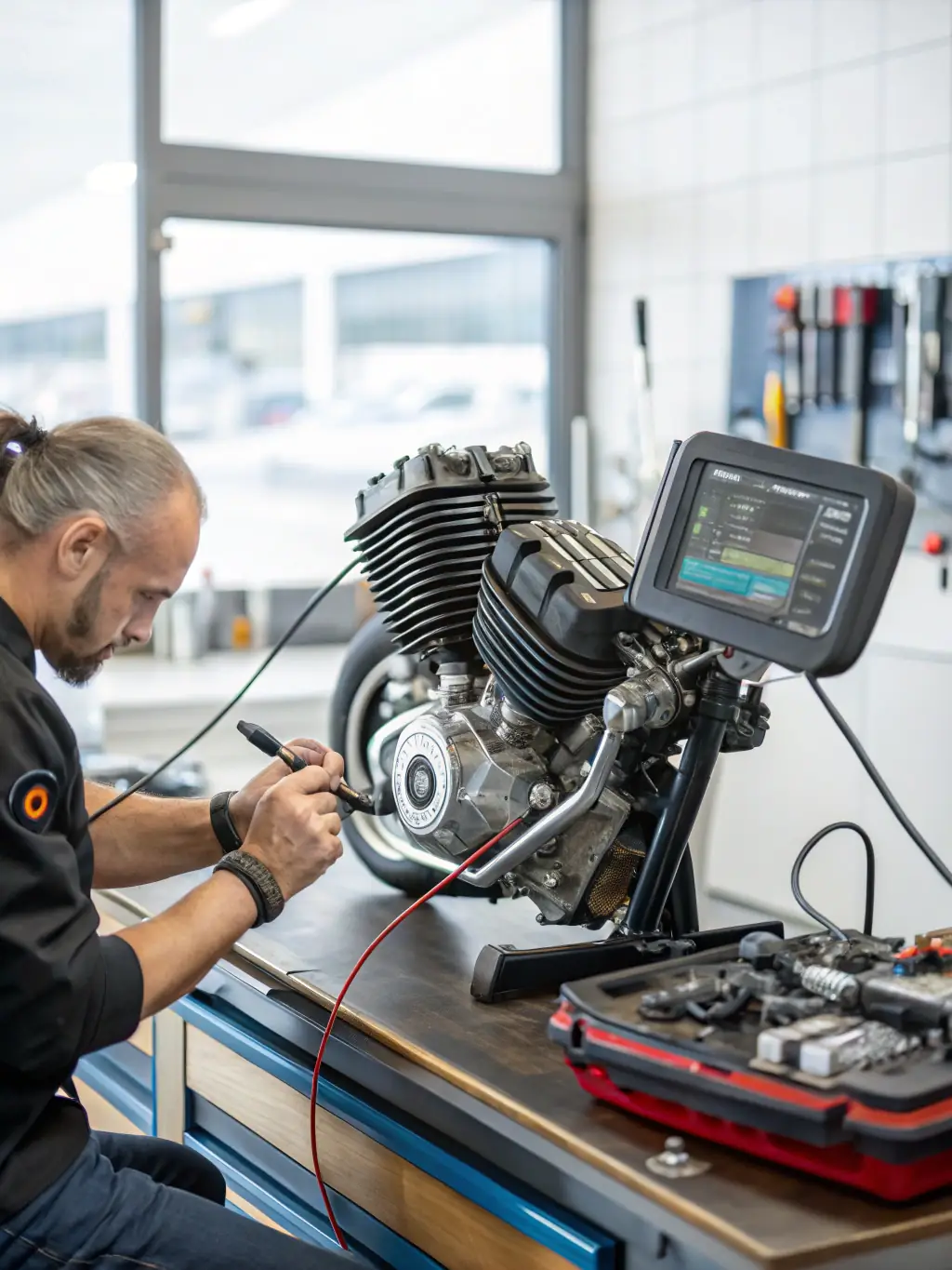 A group of MOTO CLUB DE CORNUS members participating in a motorcycle maintenance workshop, learning about basic repairs and upkeep.